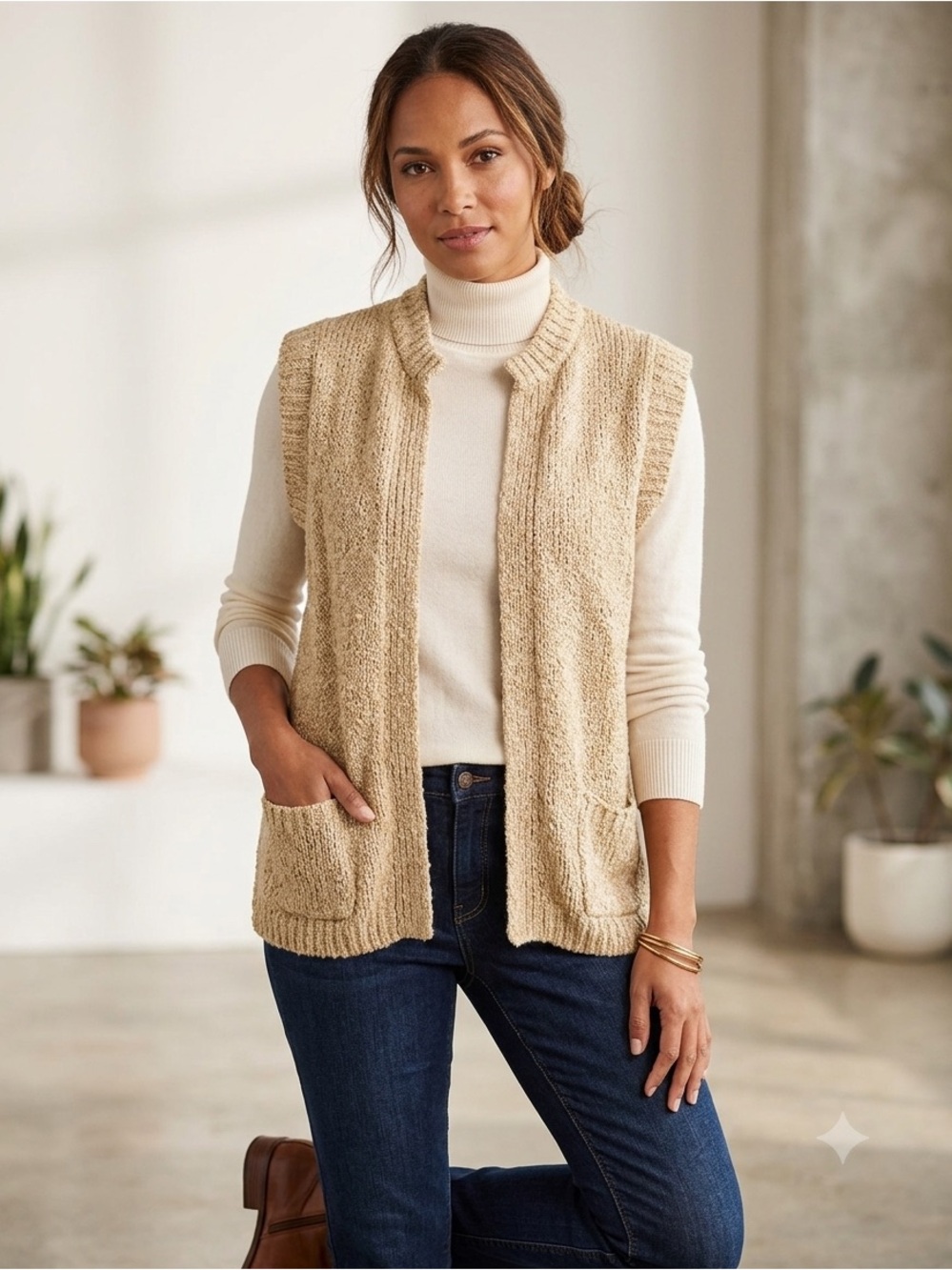 Vintage Knit Sleeveless Open Cardigan Sweater Vest, Le Roy Knitwear, Size XL tan